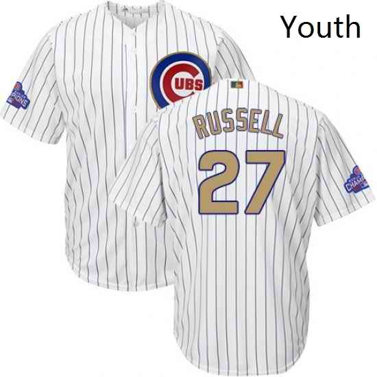 Youth Majestic Chicago Cubs 27 Addison Russell Authentic White 2017 Gold Program Cool Base MLB Jersey